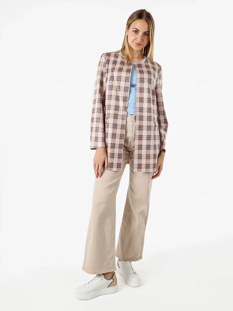 Blazer donna aperto in tessuto scamosciato con stampe a quadri - cammello