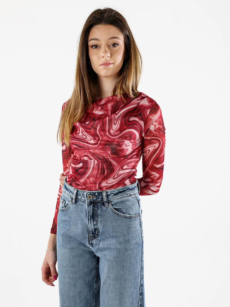 Top body donna a maniche lunghe con scollo a cascata - rosso
