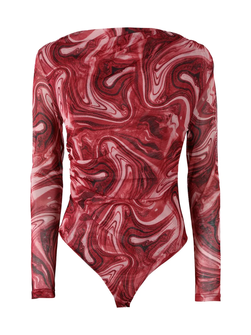 Top body donna a maniche lunghe con scollo a cascata - rosso
