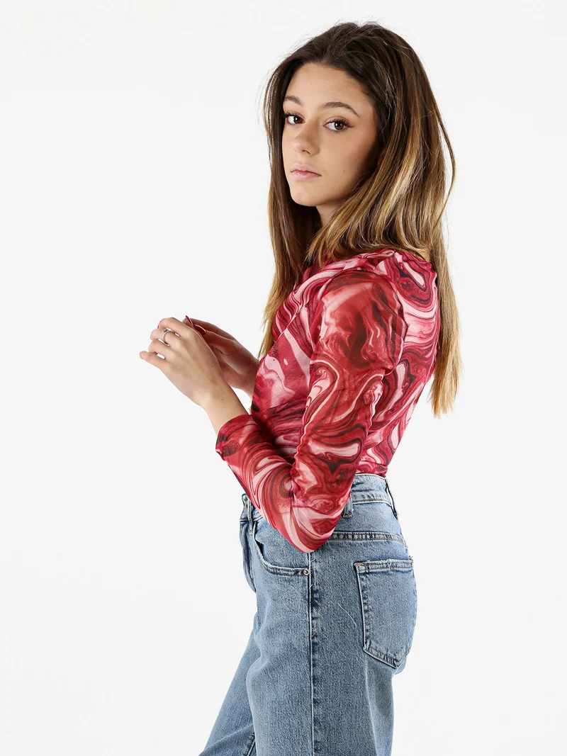 Top body donna a maniche lunghe con scollo a cascata - rosso