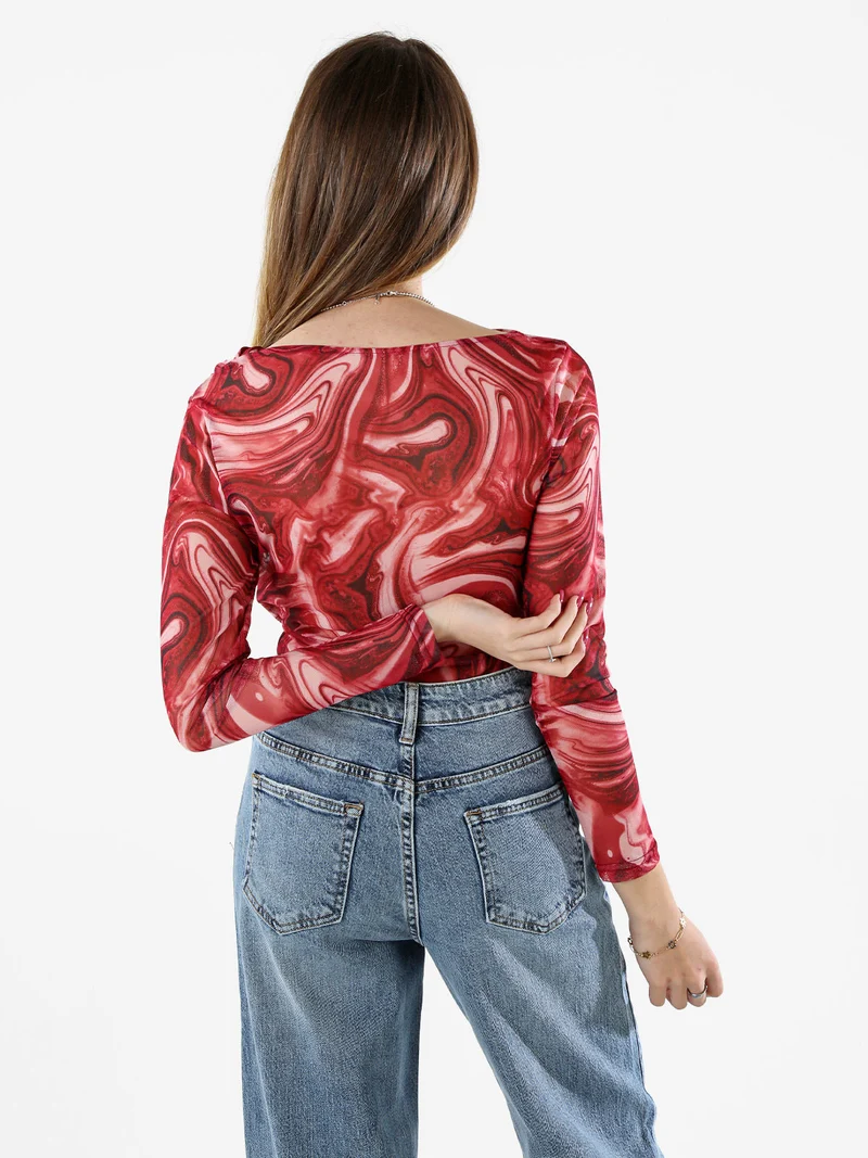 Top body donna a maniche lunghe con scollo a cascata - rosso