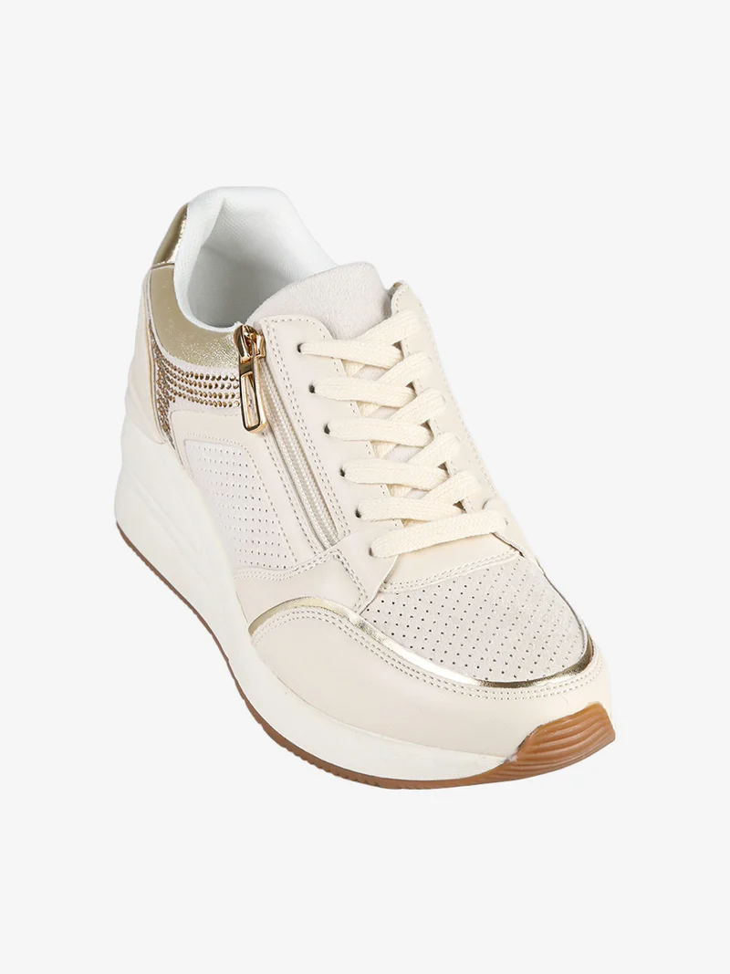 Sneakers donna casual con strass e zeppa - panna