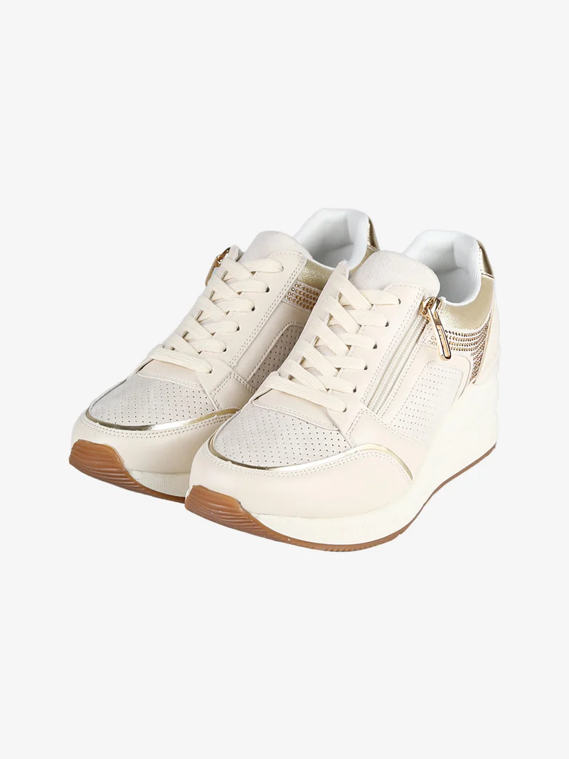 Sneakers donna casual con strass e zeppa - panna