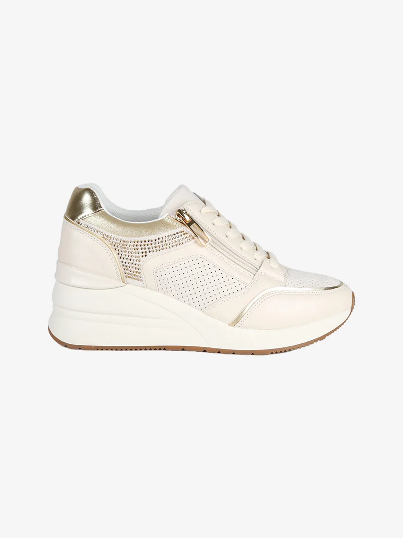 Sneakers donna casual con strass e zeppa - panna
