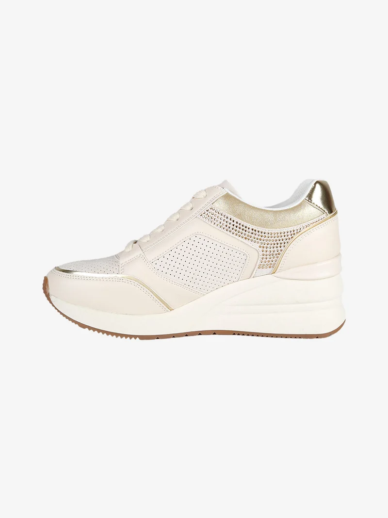 Sneakers donna casual con strass e zeppa - panna