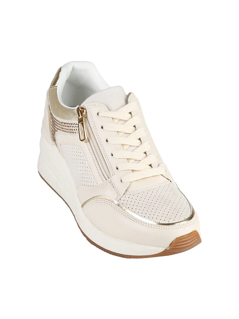 Sneakers donna casual con strass e zeppa - panna