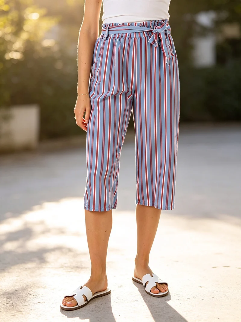 Pinocchietti donna estivi con stampa a righe verticali - blu