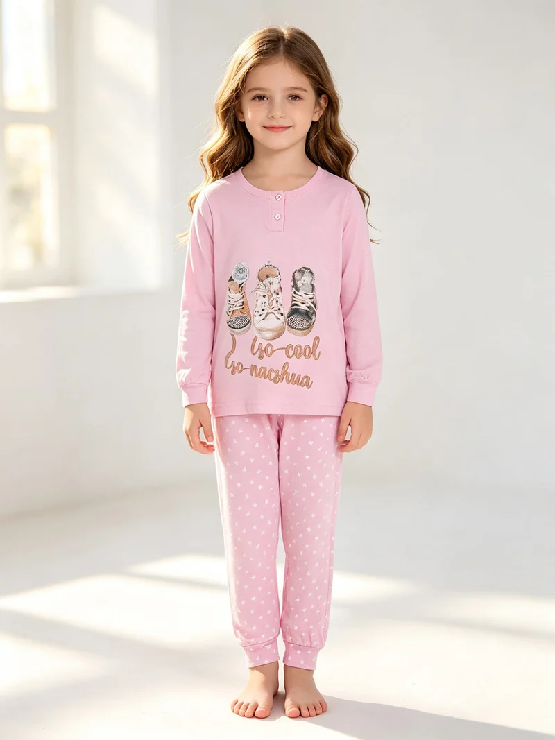 Pigiama lungo da bambina in cotone - rosa