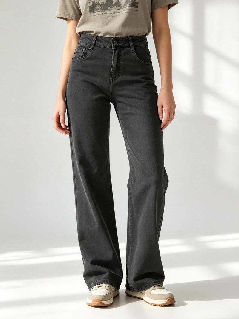 Jeans donna a vita alta con gamba larga - grigio