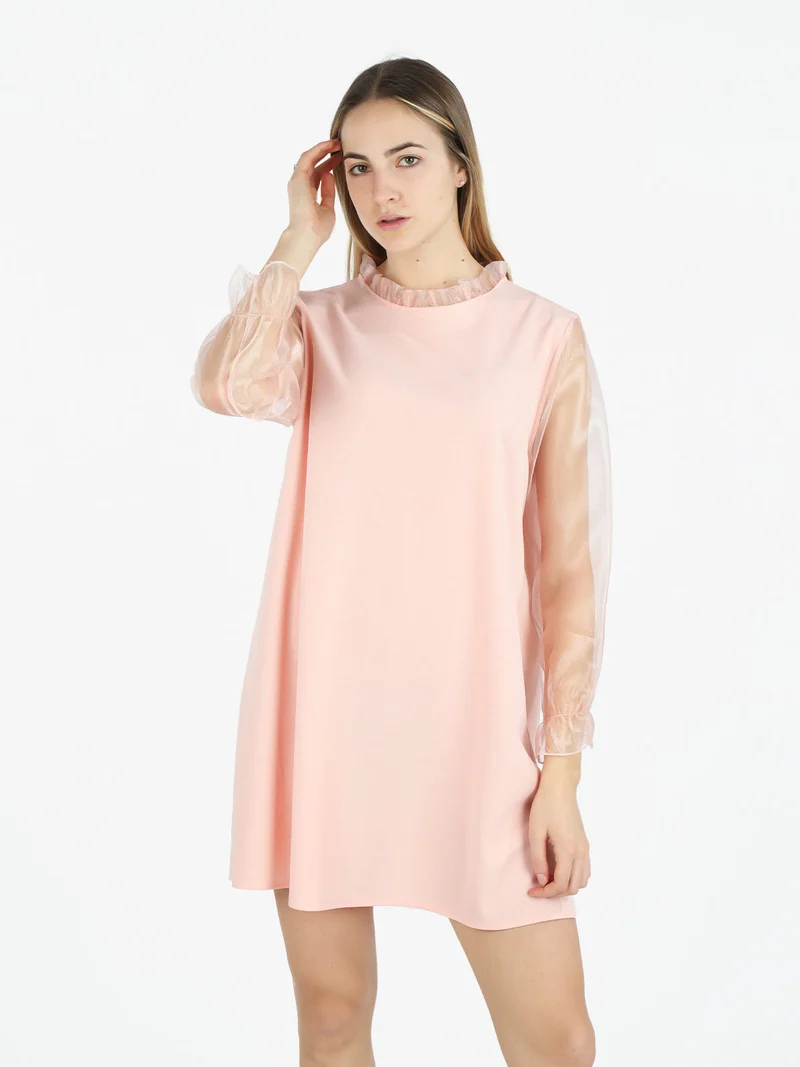 Abito donna con colletto alla coreana e maniche in tulle - rosa