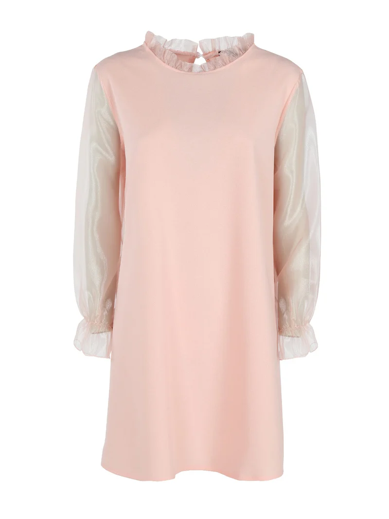 Abito donna con colletto alla coreana e maniche in tulle - rosa