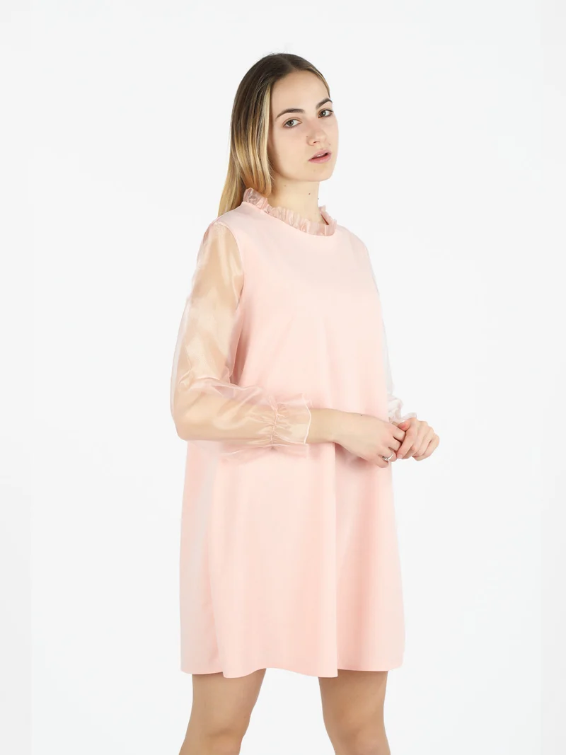 Abito donna con colletto alla coreana e maniche in tulle - rosa
