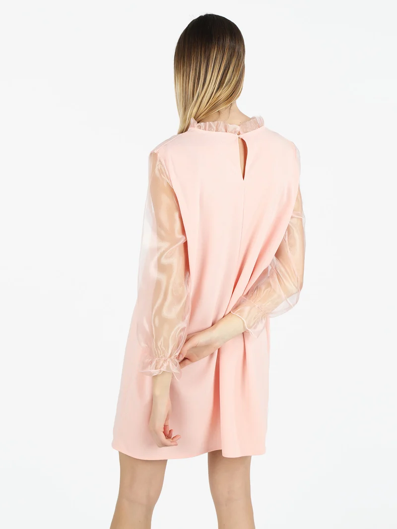 Abito donna con colletto alla coreana e maniche in tulle - rosa