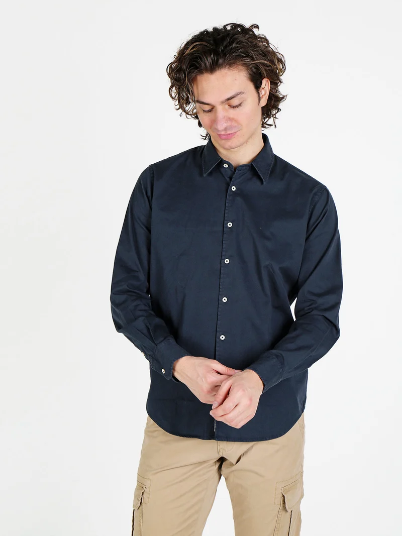 Camicia da uomo in cotone a maniche lunghe - blu scuro