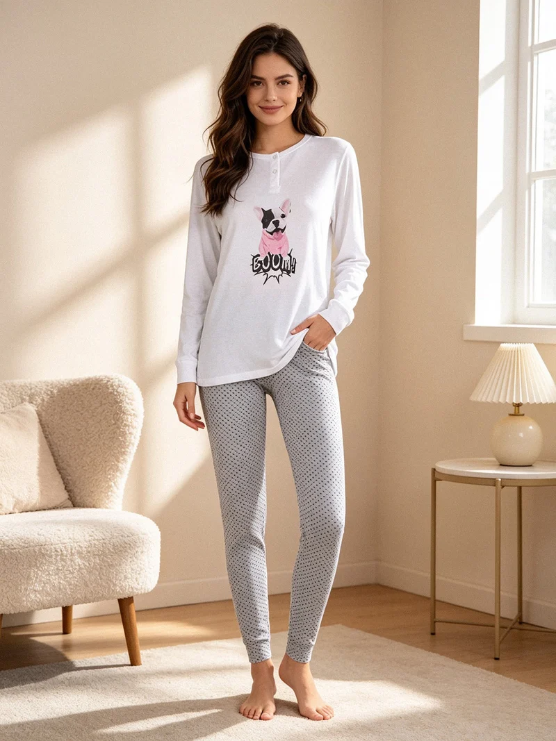Pigiama lungo da donna in cotone con pantaloni a pois - bianco