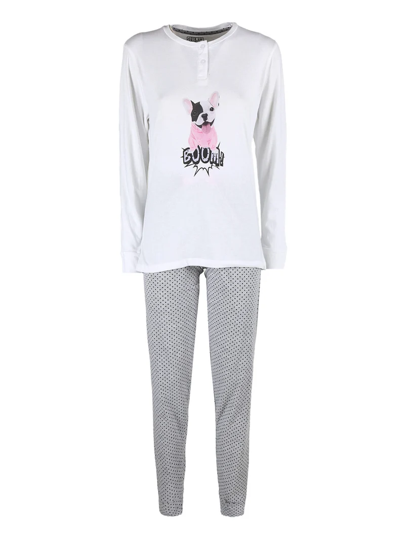 Pigiama lungo da donna in cotone con pantaloni a pois - bianco