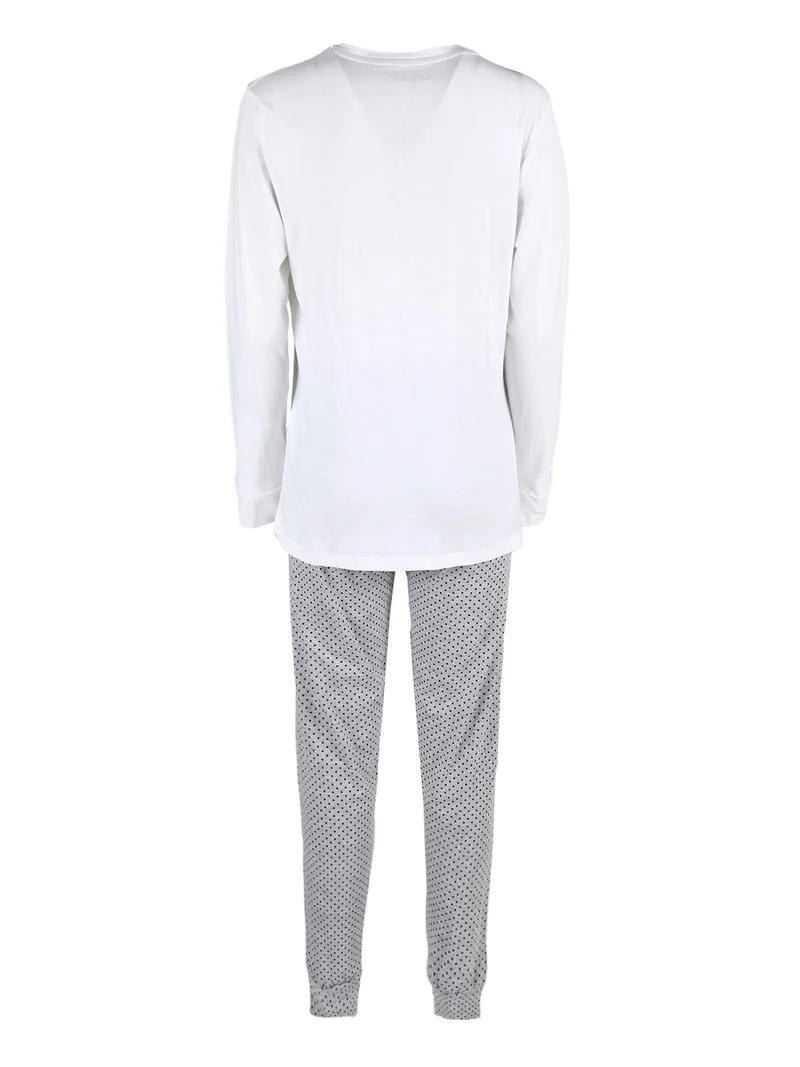 Pigiama lungo da donna in cotone con pantaloni a pois - bianco