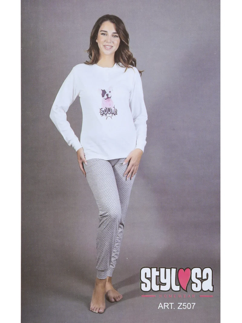Pigiama lungo da donna in cotone con pantaloni a pois - bianco