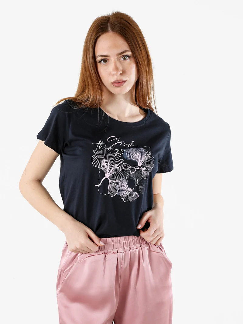 T-shirt girocollo da donna con stampa colorata - blu scuro