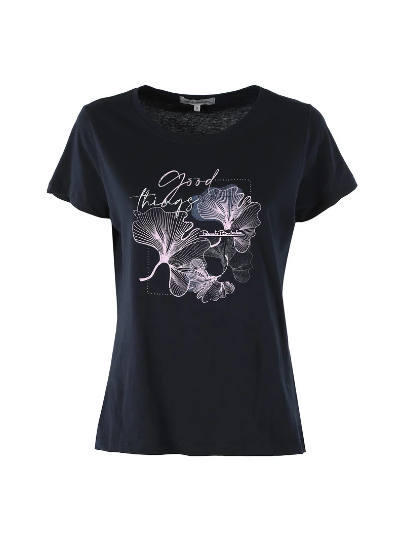 T-shirt girocollo da donna con stampa colorata - blu scuro