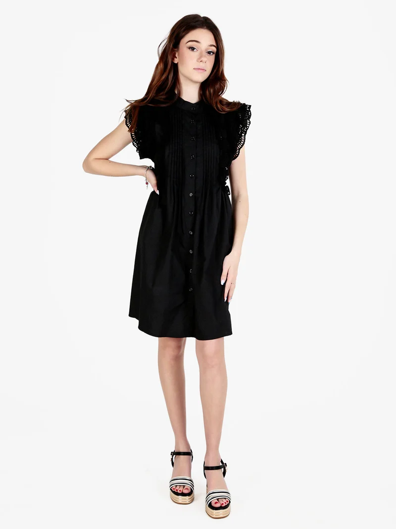 Vestito corto da donna a camicia con volant - nero