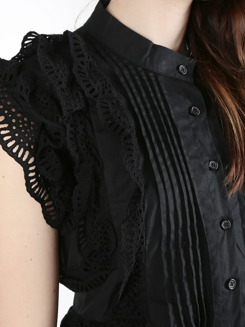 Vestito corto da donna a camicia con volant - nero