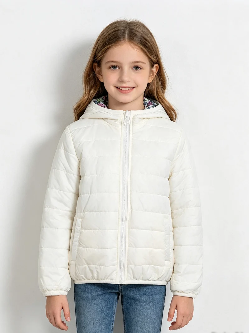 Giubbino 100 grammi da bambina reversibile con cappuccio e zip - bianco