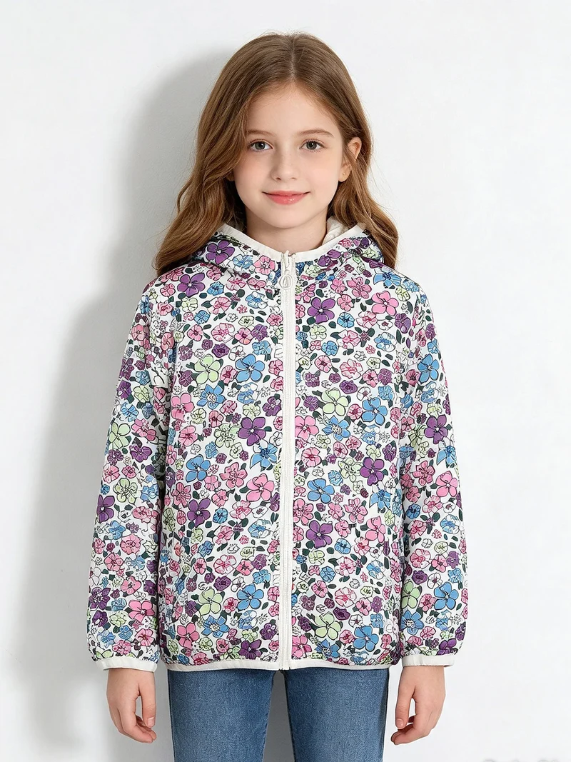 Giubbino 100 grammi da bambina reversibile con cappuccio e zip - bianco
