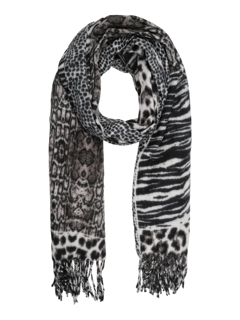 Sciarpa donna animalier con frange - nero