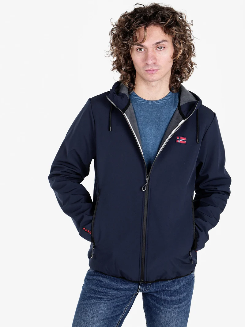 Giacca impermeabile da uomo con cappuccio e interno in pile - blu scuro