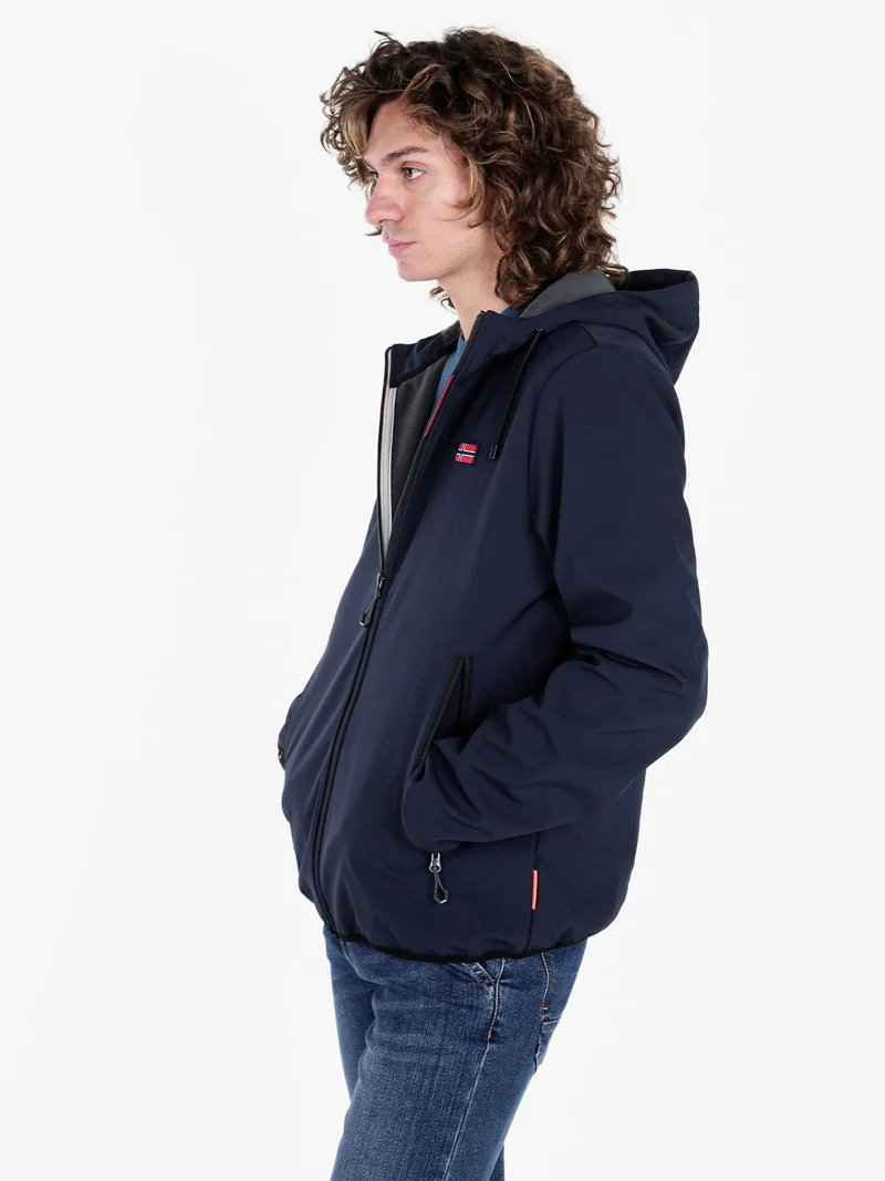 Giacca impermeabile da uomo con cappuccio e interno in pile - blu scuro