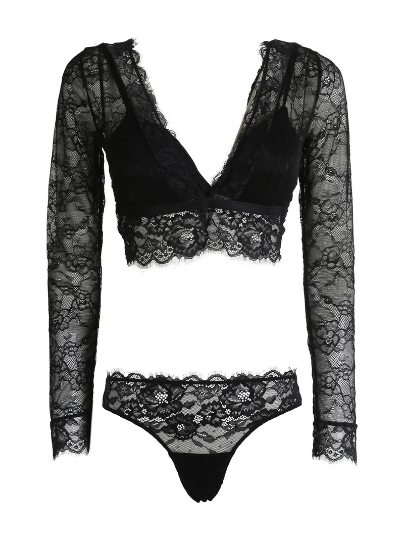 Party coordinato intimo donna in pizzo con top a maniche lunghe + brasiliana - nero