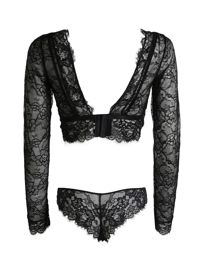 Party coordinato intimo donna in pizzo con top a maniche lunghe + brasiliana - nero