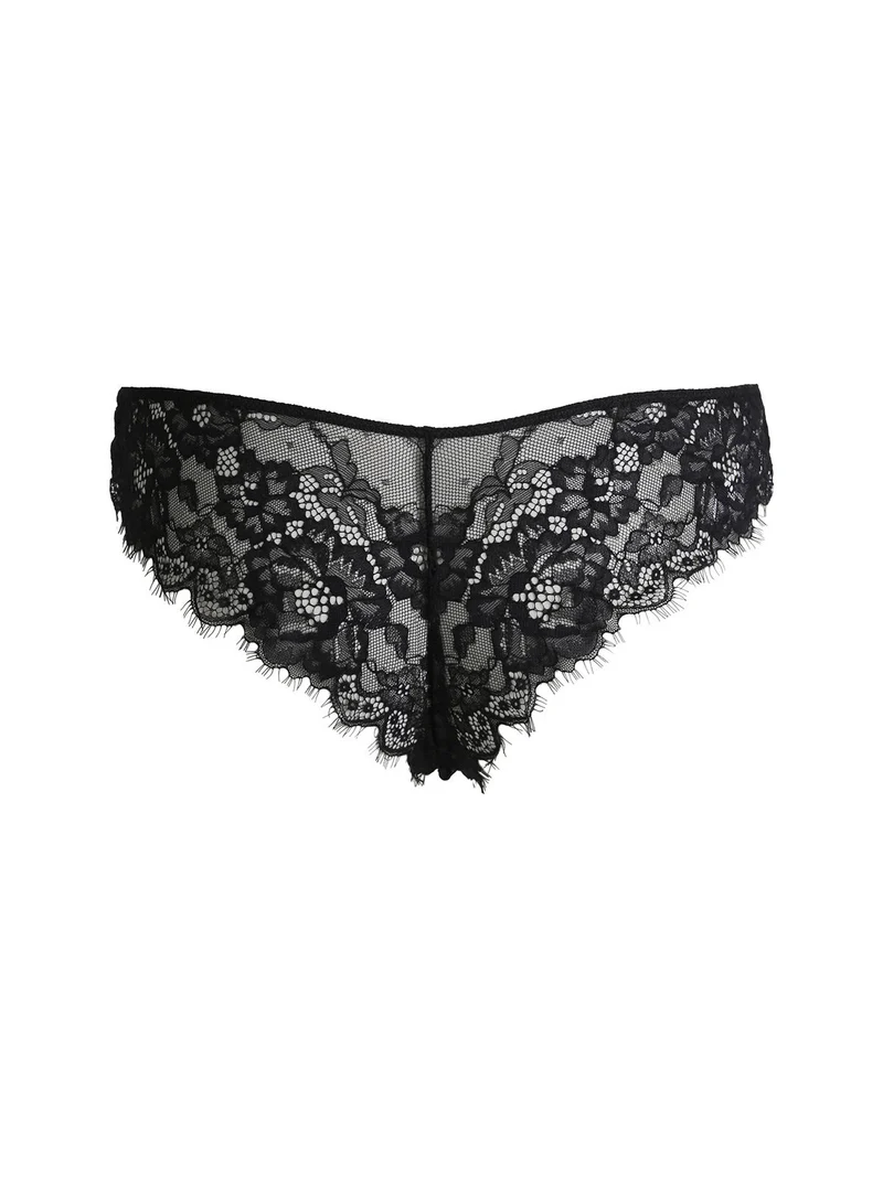 Party coordinato intimo donna in pizzo con top a maniche lunghe + brasiliana - nero