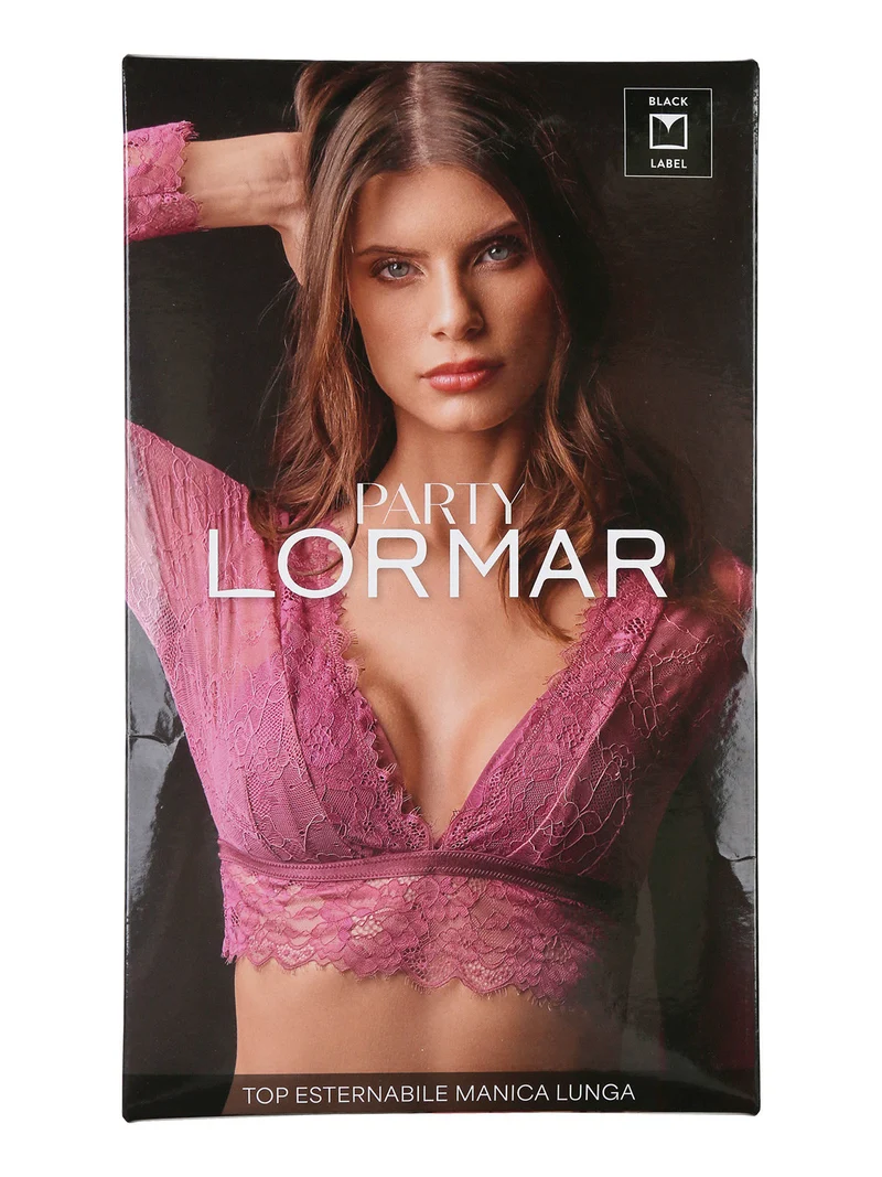 Party coordinato intimo donna in pizzo con top a maniche lunghe + brasiliana - nero