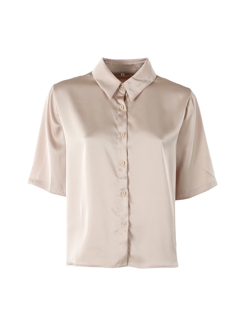 Camicia donna a maniche corte effetto raso - beige