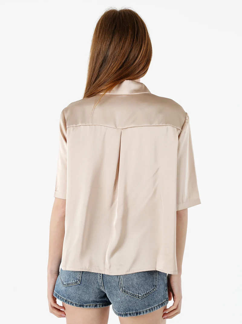 Camicia donna a maniche corte effetto raso - beige