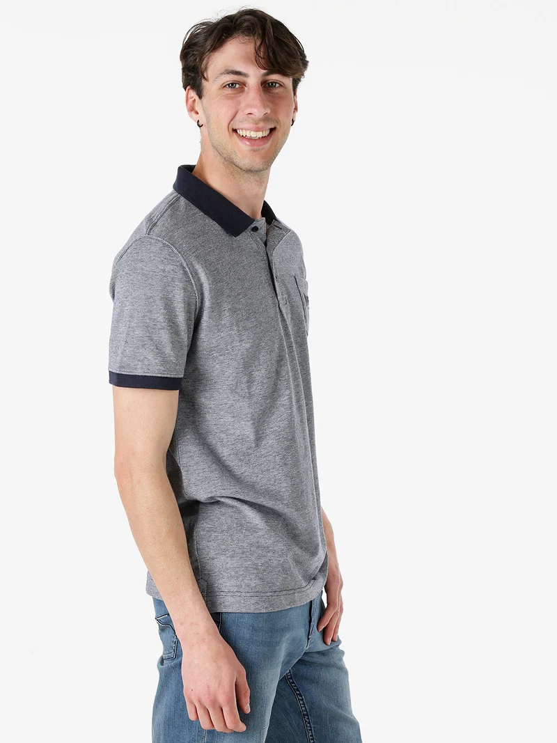 Polo da uomo in cotone a maniche corte con taschino - blu scuro