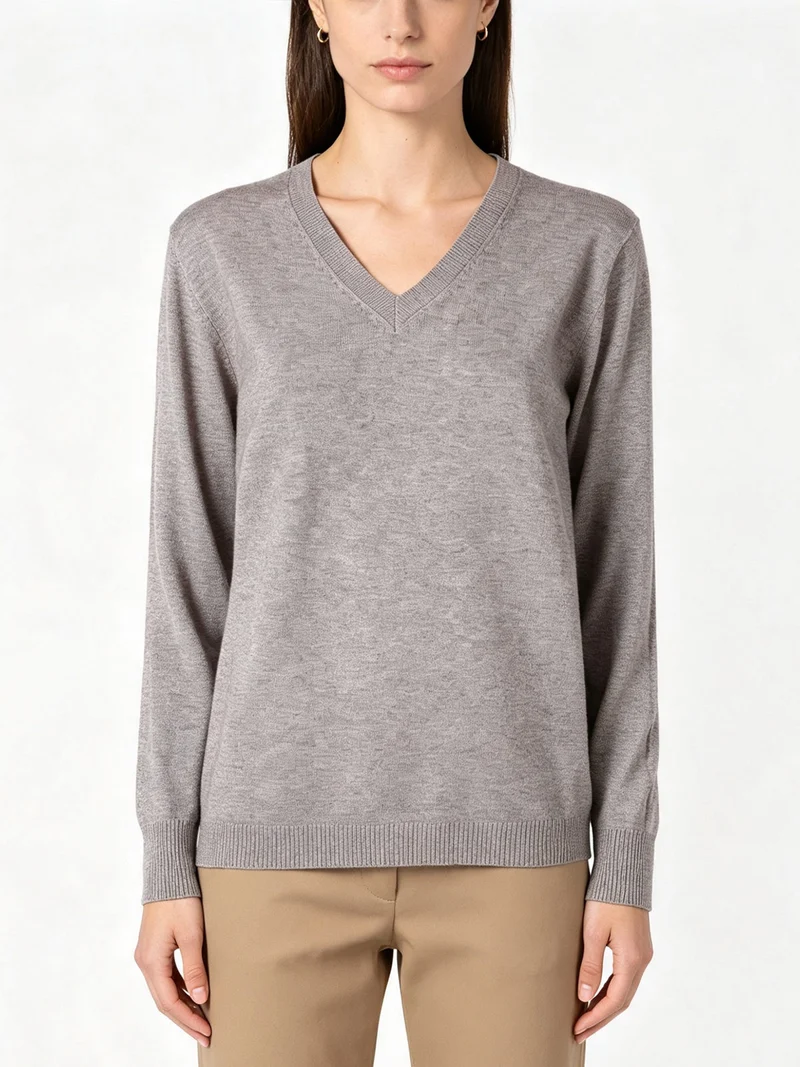 Pullover donna in maglia con scollo a V - fango