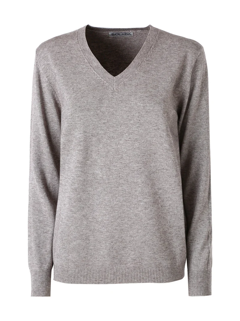 Pullover donna in maglia con scollo a V - fango
