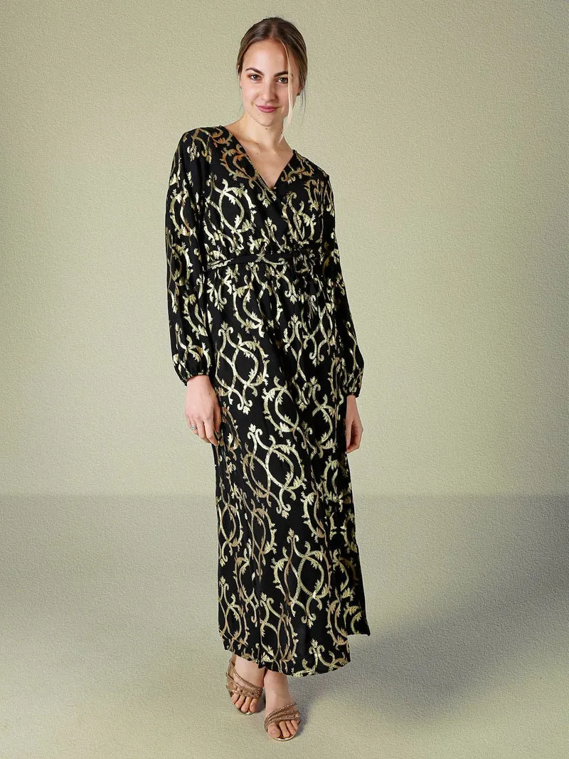 Abito lungo da donna a maniche lunghe con stampe e scollo a V - nero