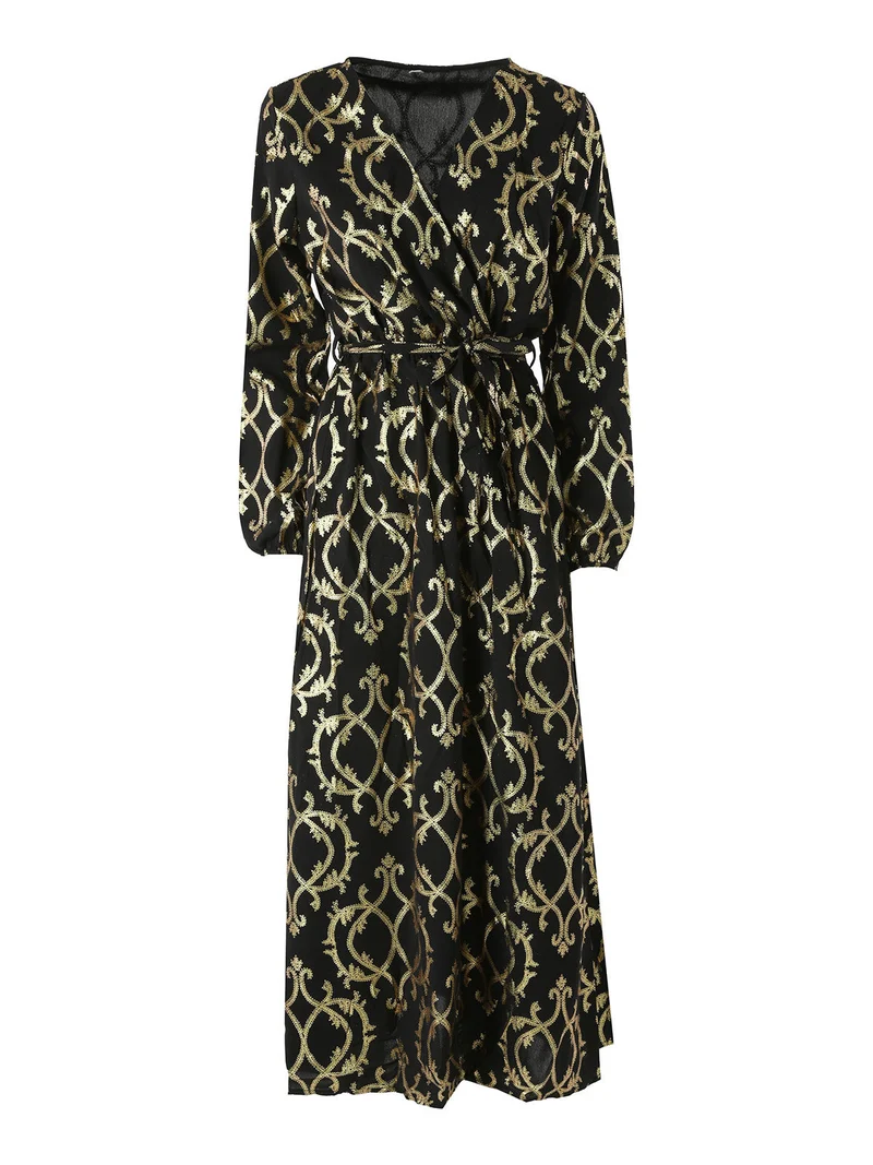 Abito lungo da donna a maniche lunghe con stampe e scollo a V - nero