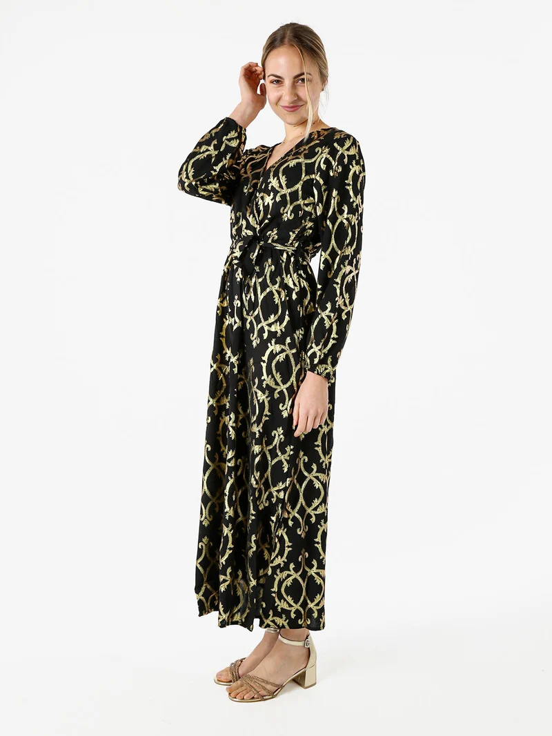 Abito lungo da donna a maniche lunghe con stampe e scollo a V - nero