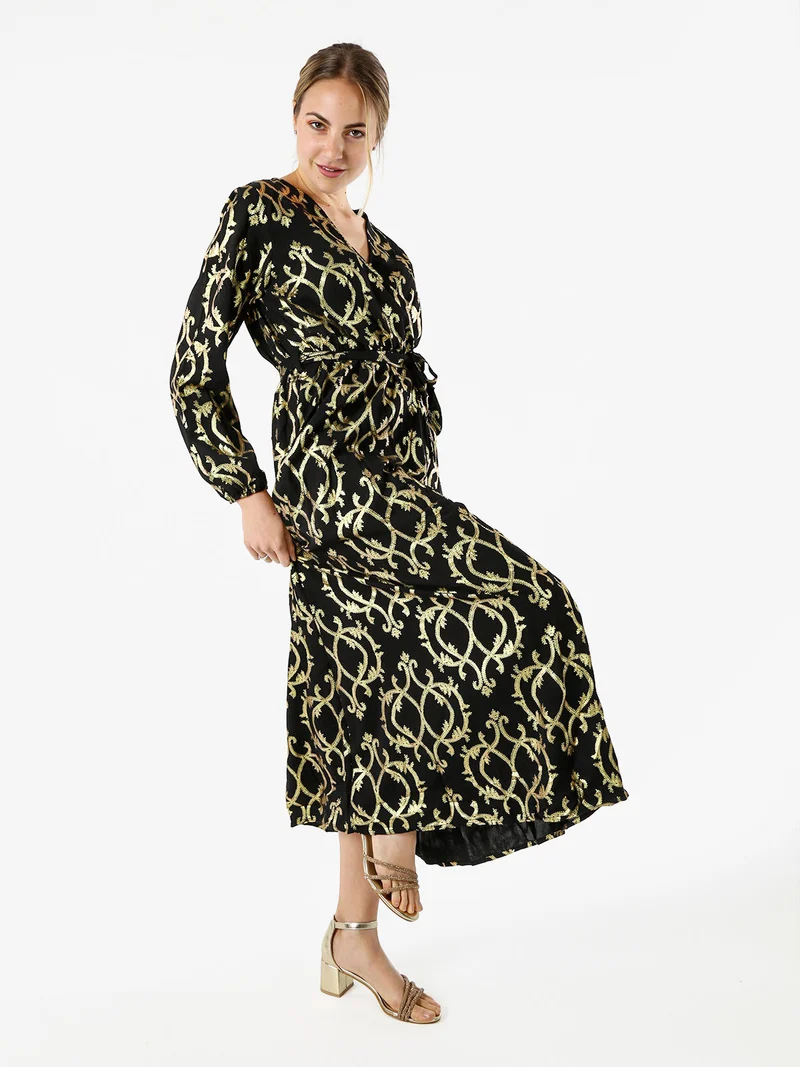 Abito lungo da donna a maniche lunghe con stampe e scollo a V - nero