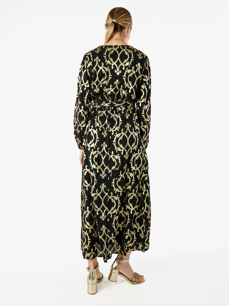 Abito lungo da donna a maniche lunghe con stampe e scollo a V - nero
