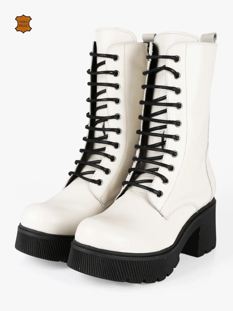 Anfibi in pelle donna con tacco e plateau - bianco