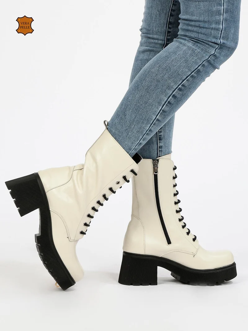 Anfibi in pelle donna con tacco e plateau - bianco