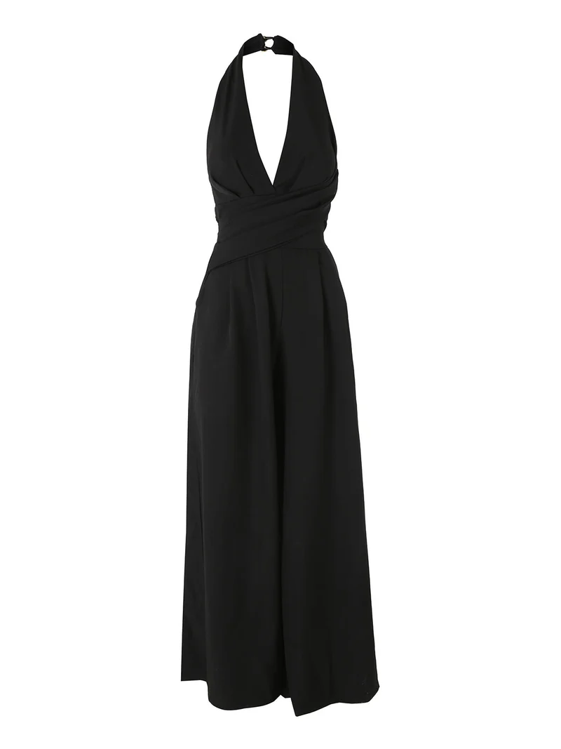 Tuta jumpsuite da donna con coppe imbottite e allacciatura al collo - nero