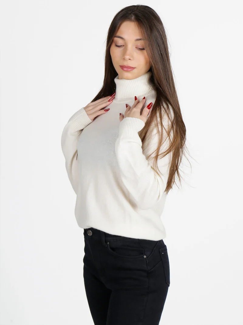 Maglione dolcevita da donna in misto lana e cashemere - panna