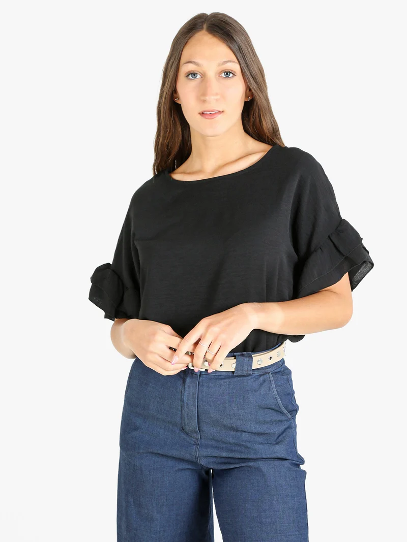 Blusa donna con maniche corte a balze - nero